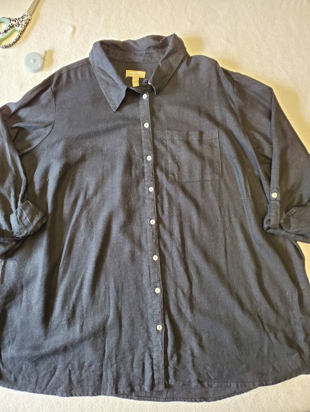 Naturals D&Co Linen Blend Shirt Womens Plus 3X Petite Black Button Down
